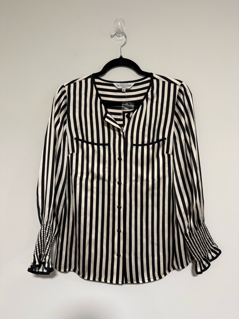 J. Peterman Captivating Black/Tan Silk Stripe Button-Front Blouse Top Size XS